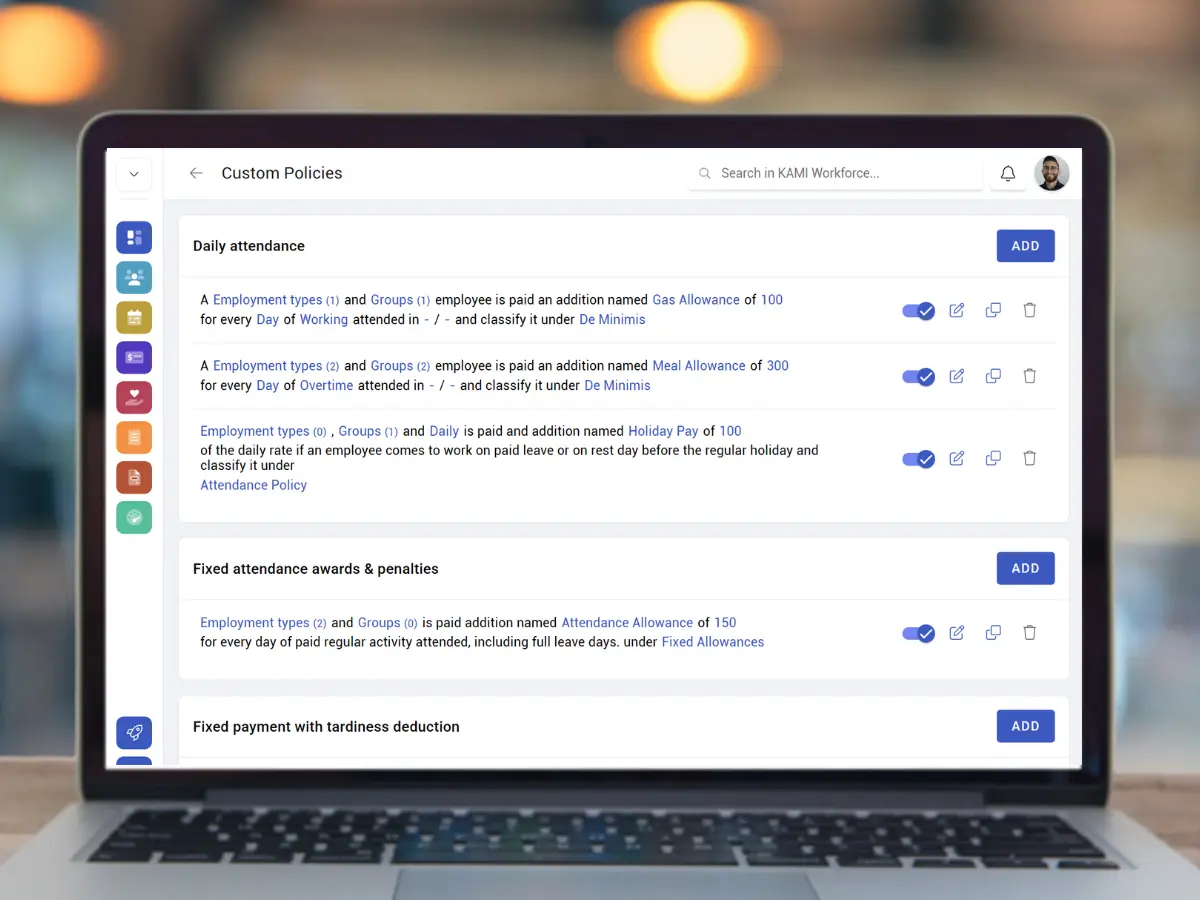 KAMI Custom Policies — payroll automation rules engine