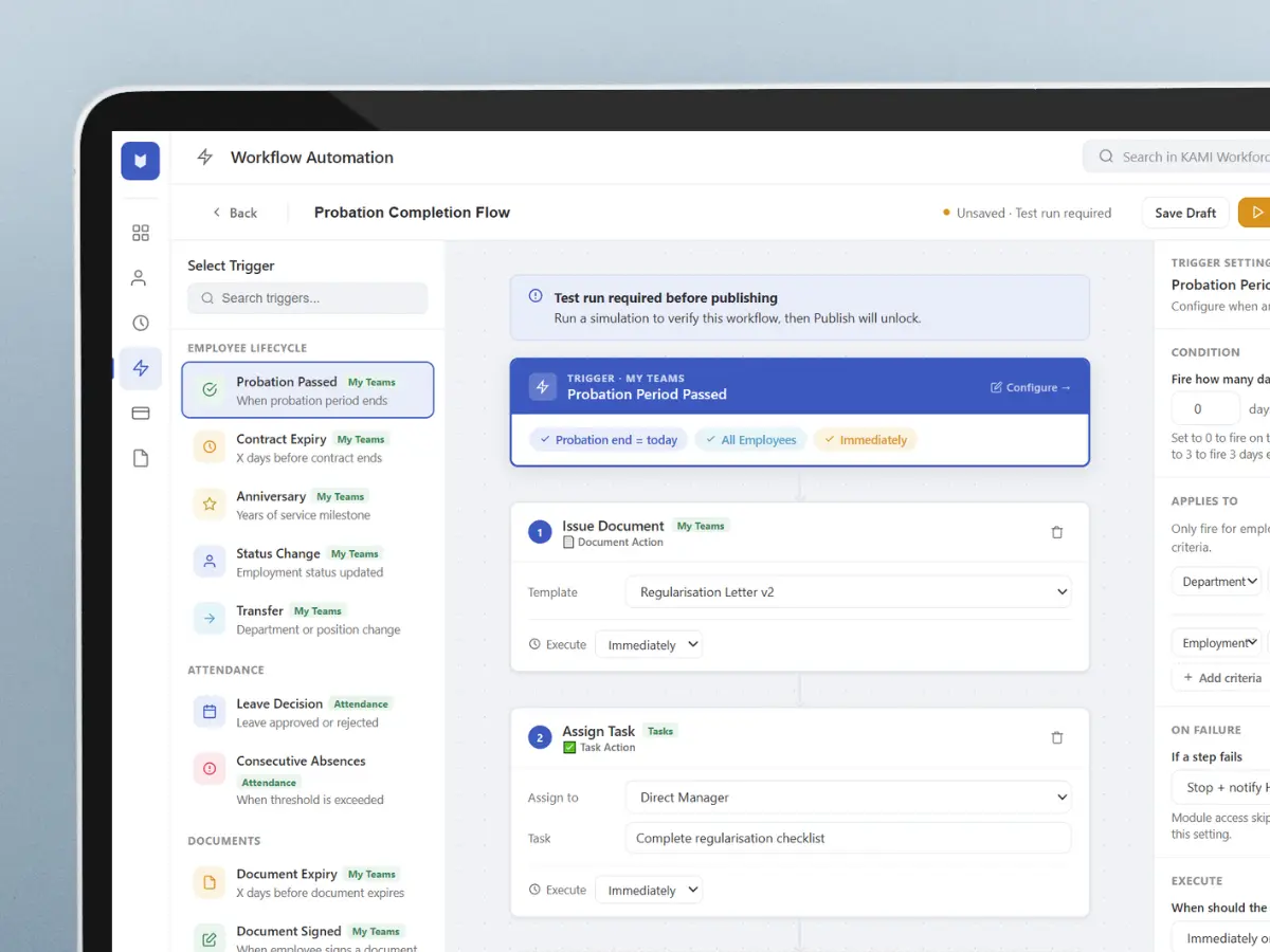 KAMI Workflow Automation builder — three-panel no-code workflow editor