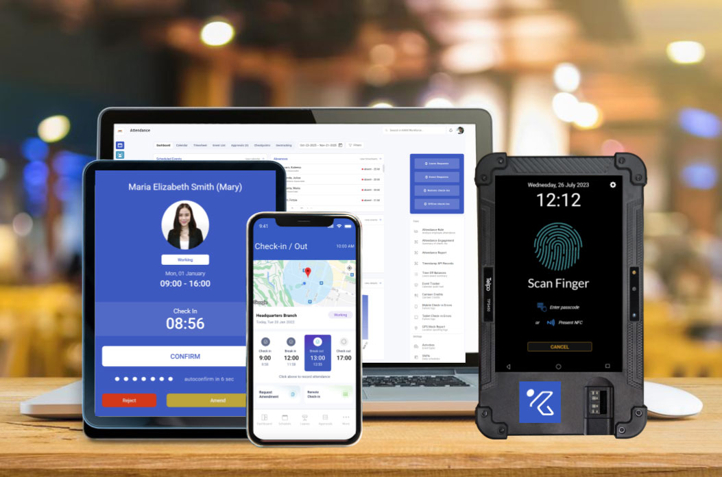 Attendance software showing facial recognition attendance, biometric time clock, and timekeeping tools for accurate employee time tracking
