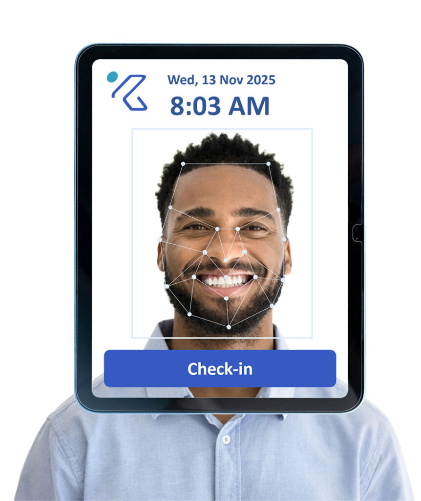 Biometric attendance system tablet with facial recognition kiosk for employee time tracking