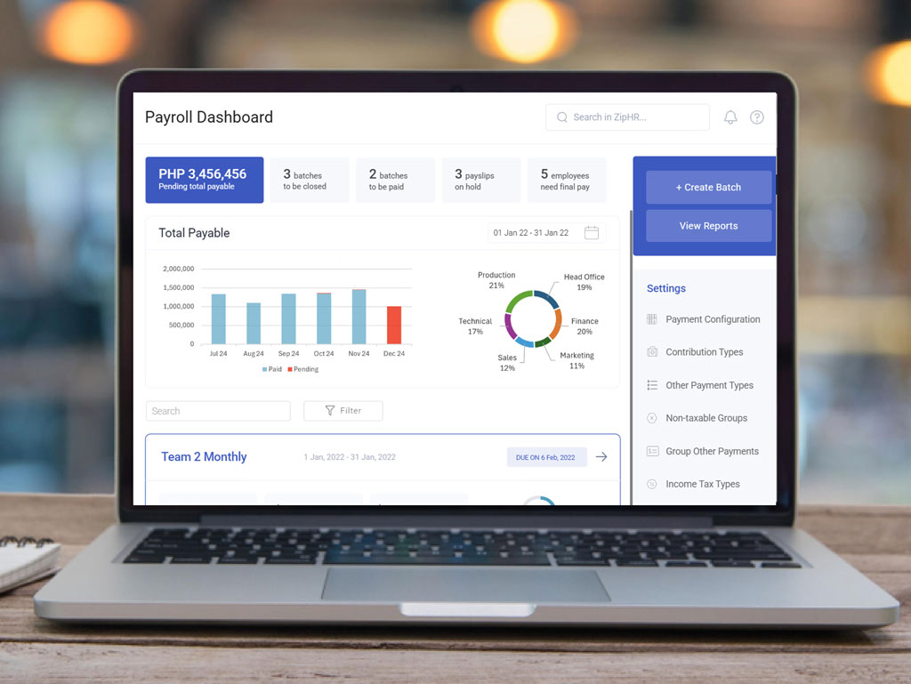 Payroll system displaying detailed payroll breakdown.