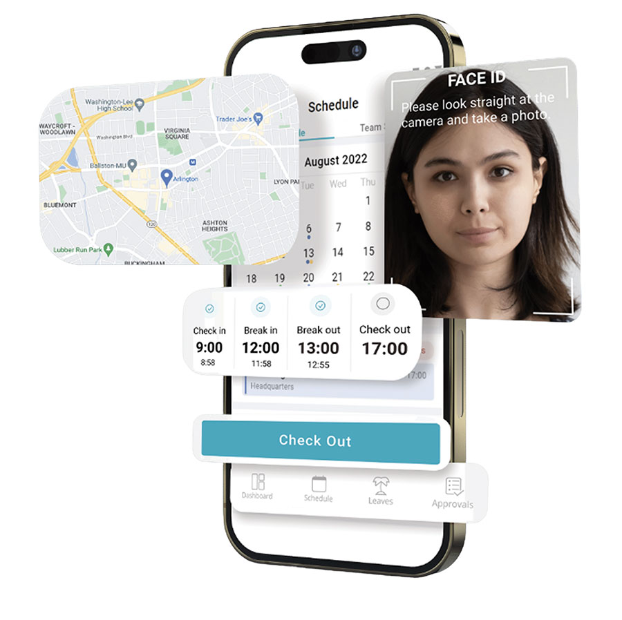 Mobile facial recognition attendance system with GPS tracking and employee time clock features
