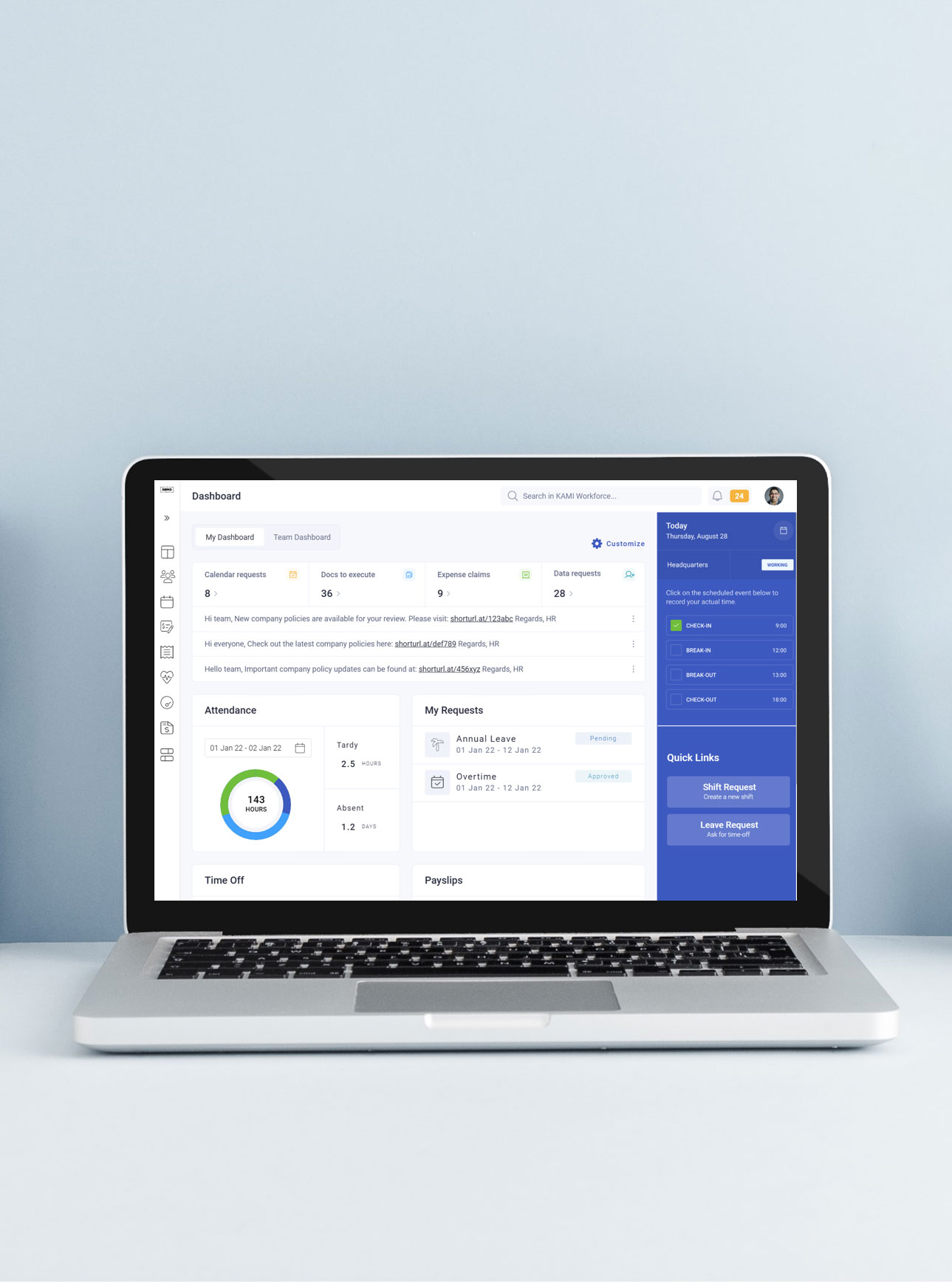 Web-based employee time clock and time tracking software for office attendance monitoring